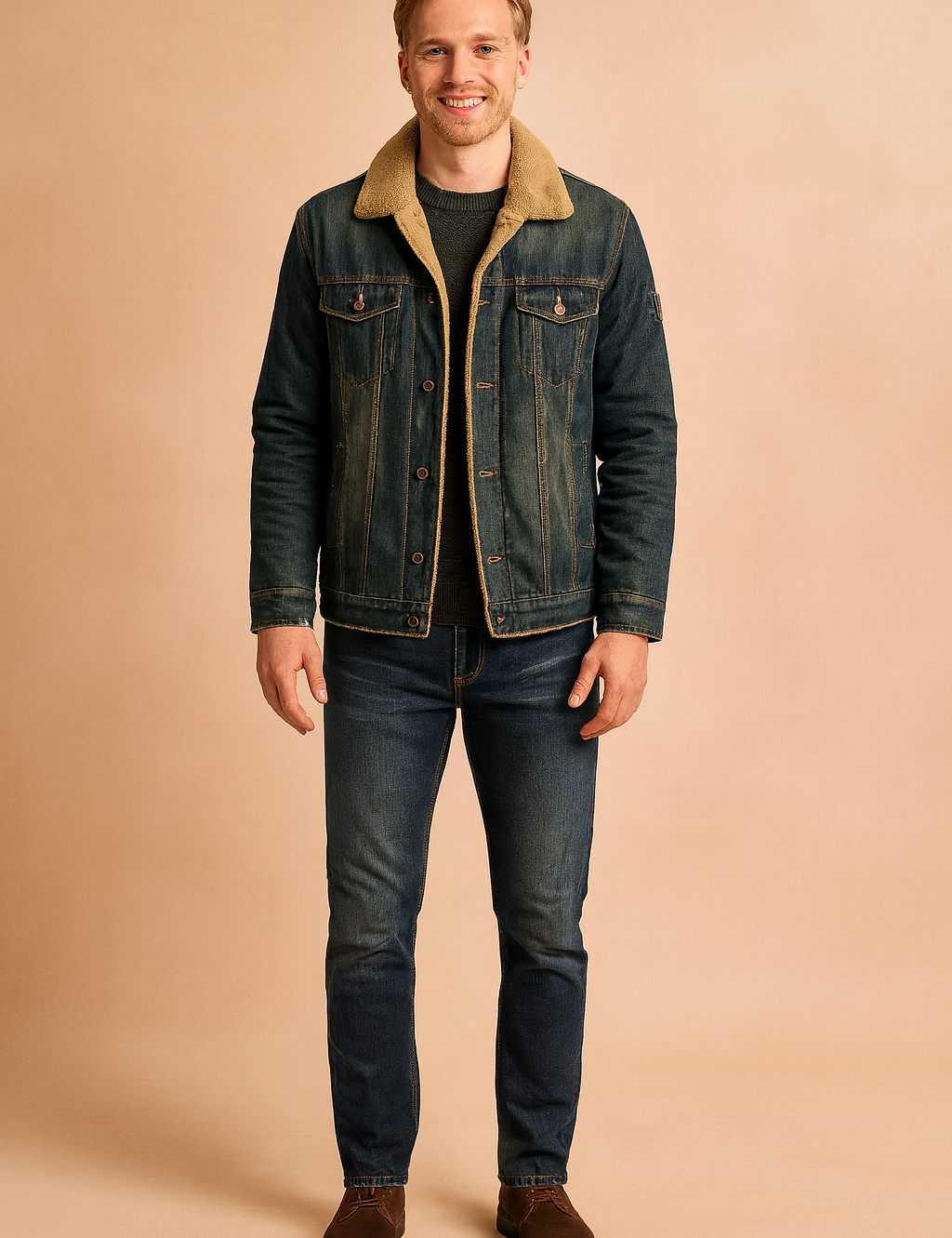 Denim shearling jacket with button closure, front chest pockets, side pockets, and warm faux-fur lining for a stylish casual look.