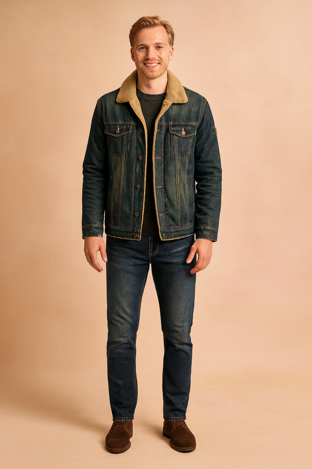 Denim shearling jacket with button closure, front chest pockets, side pockets, and warm faux-fur lining for a stylish casual look.