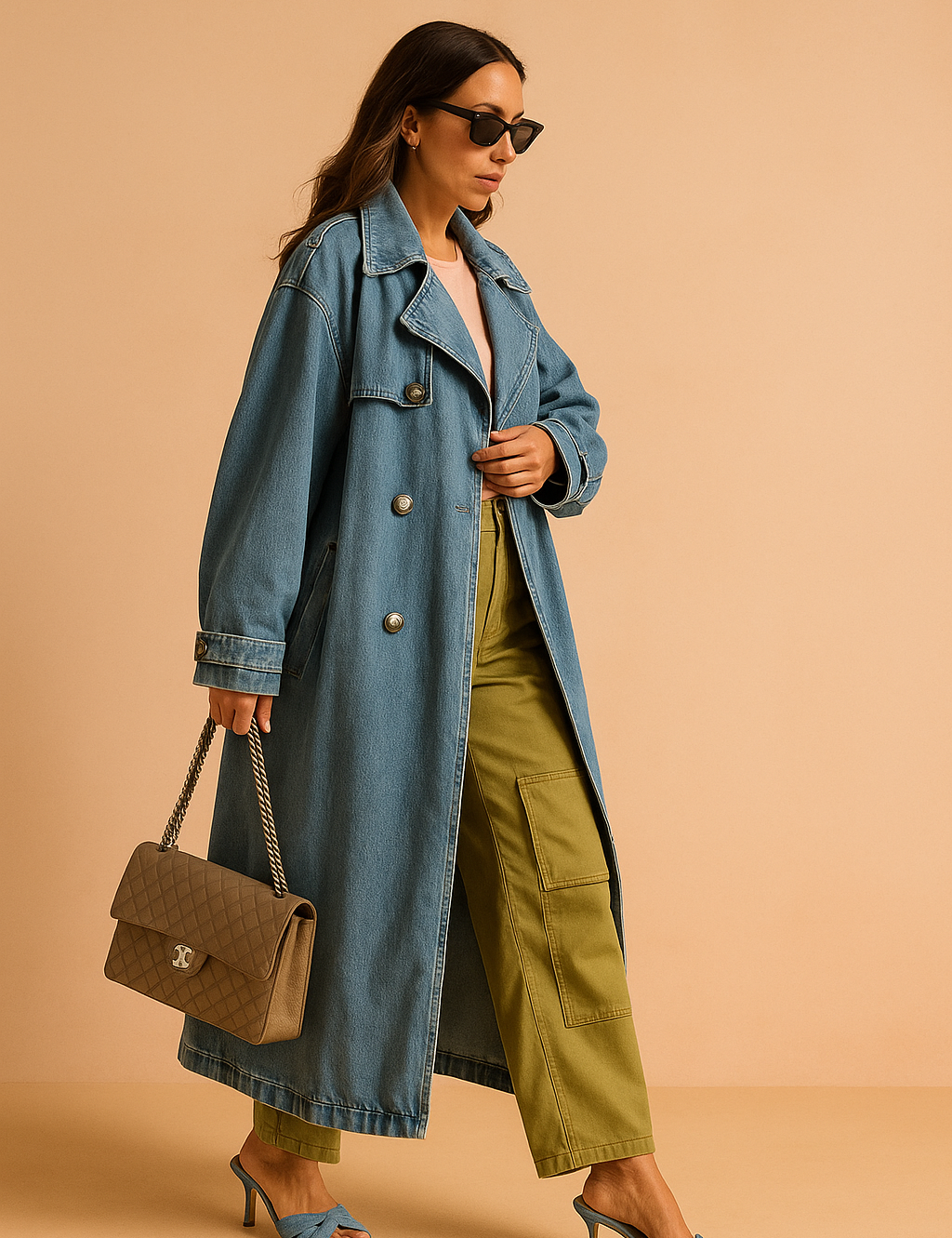 Light blue oversized denim trench coat with metallic buttons, paired with a blush pink top and olive cargo pants featuring utility pockets. Styled with a quilted taupe handbag and blue open-toe heels.