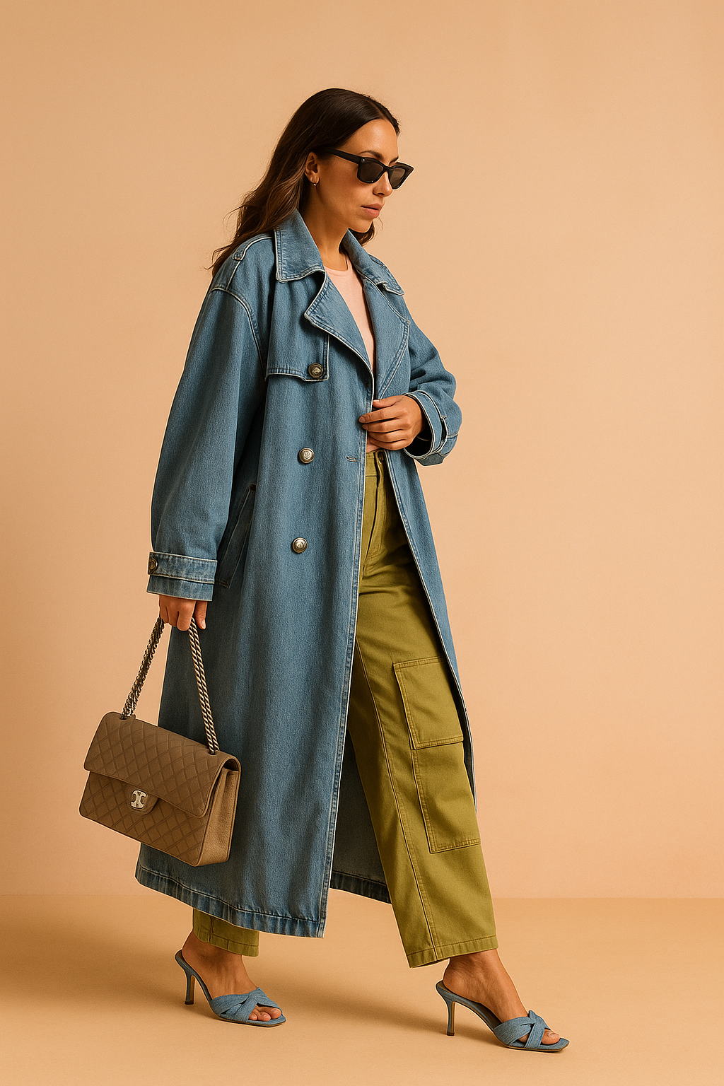 Light blue oversized denim trench coat with metallic buttons, paired with a blush pink top and olive cargo pants featuring utility pockets. Styled with a quilted taupe handbag and blue open-toe heels.