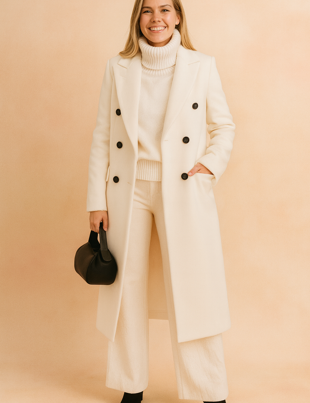 Elegant long double-breasted coat with button closure, styled over a turtleneck sweater and wide-leg trousers, paired with black ankle boots and a handbag.