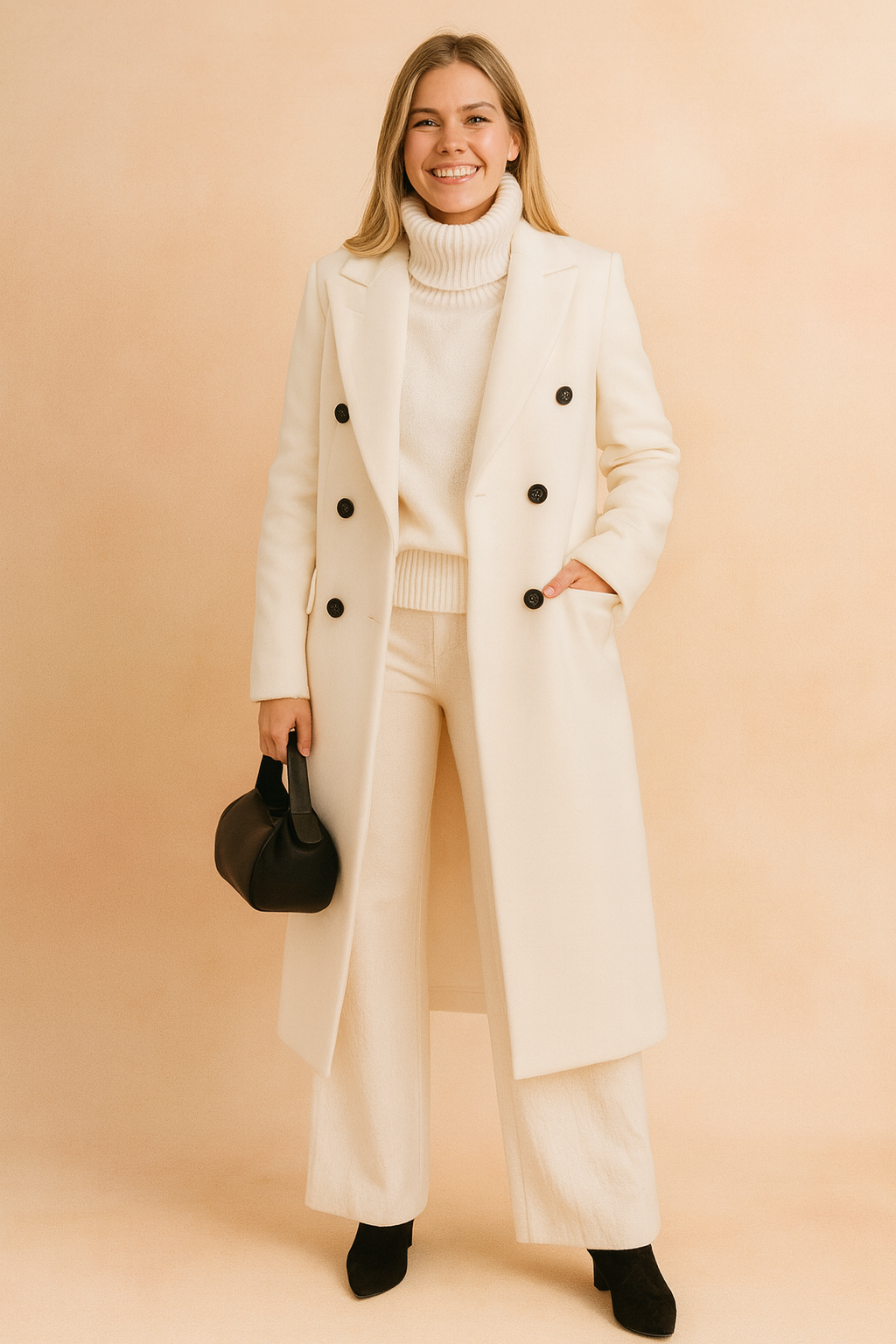 Elegant long double-breasted coat with button closure, styled over a turtleneck sweater and wide-leg trousers, paired with black ankle boots and a handbag.