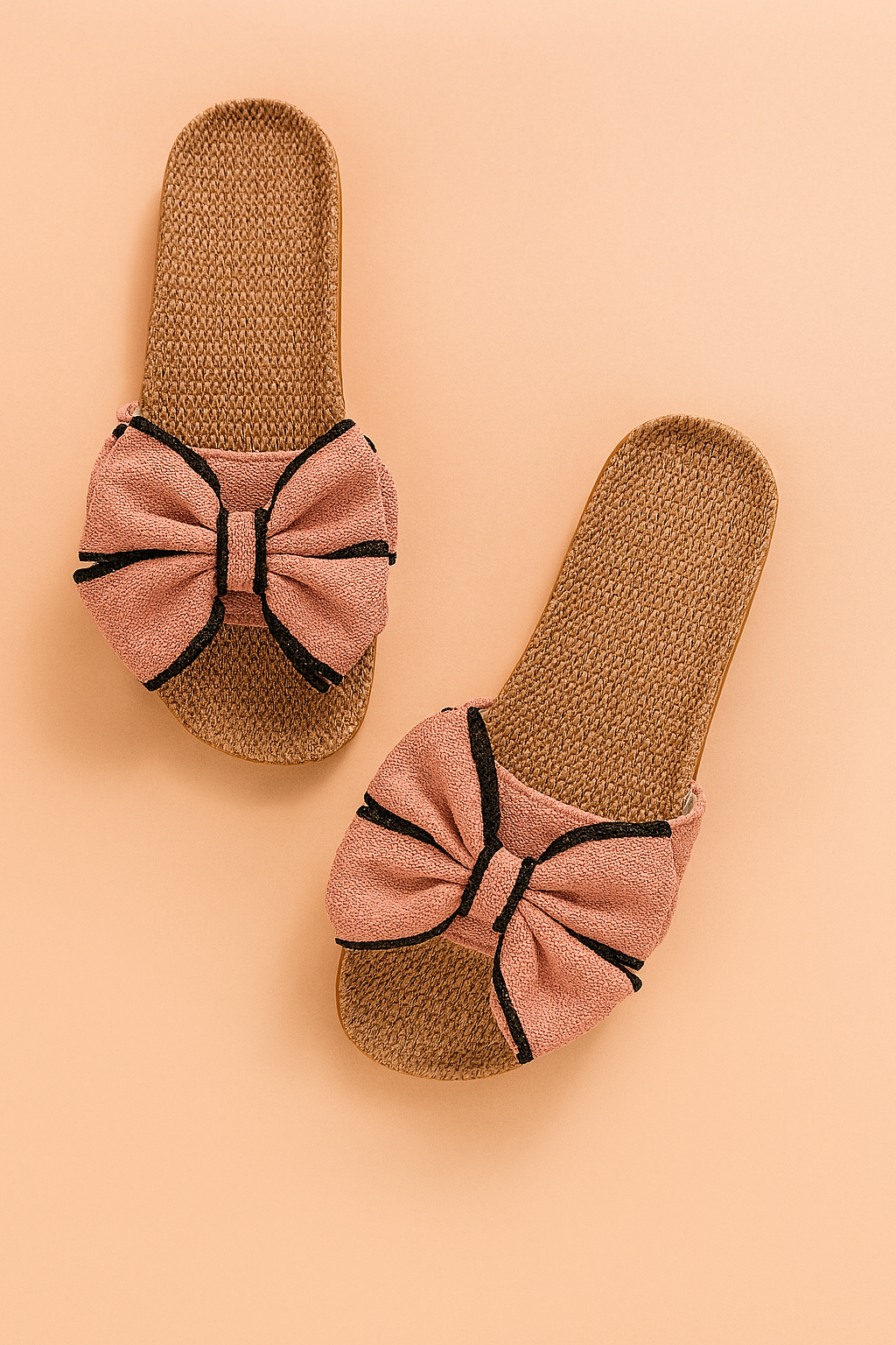 Women's flat slide sandals with large dusty rose fabric bows accented by bold black trim, featuring a woven natural-look footbed with tight-knit straw texture.