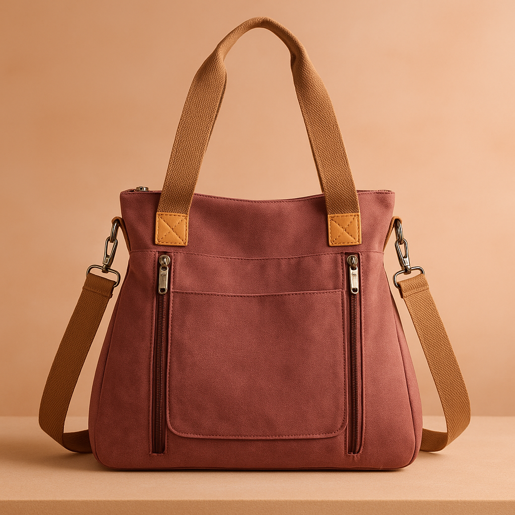 Dusty rose canvas tote bag with tan faux leather accents, dual zipper pockets, and adjustable brown shoulder strap on a warm gradient background.