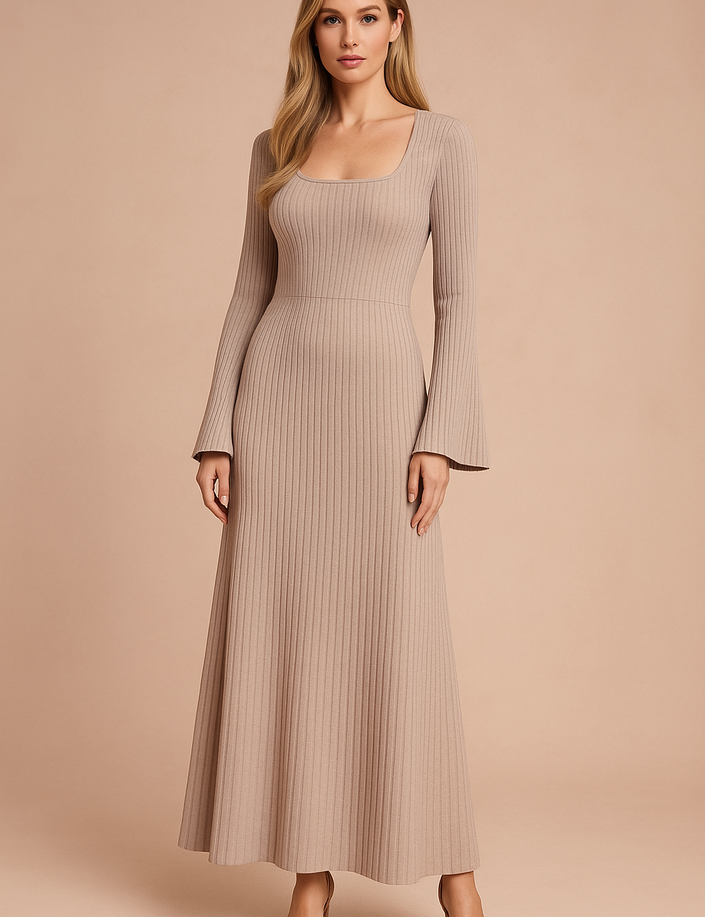Elegancka beżowa prążkowana sukienka maxi z kwadratowym dekoltem, długimi rozkloszowanymi rękawami, dopasowanym krojem i pełną długością z plisowanym wykończeniem dla wyrafinowanej, wysokiej jakości mody damskiej.
