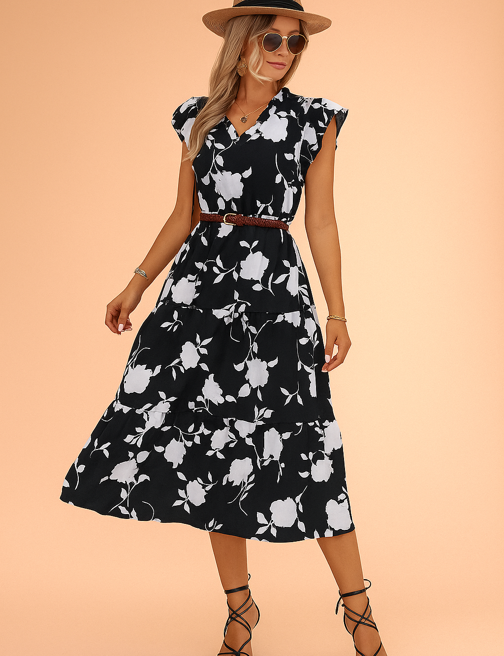 Full-body view of a stylish woman in a black floral summer dress with ruffled sleeves, accessorized with a straw hat and sunglasses, posing against a softly lit warm sand and pastel pink background in fashion photography style.






