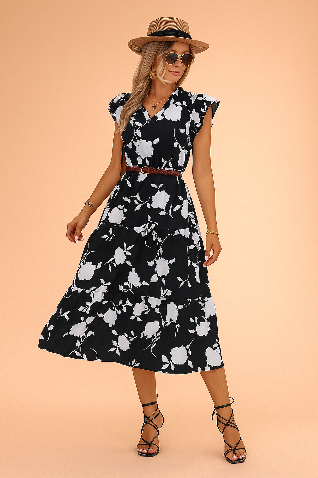 Full-body view of a stylish woman in a black floral summer dress with ruffled sleeves, accessorized with a straw hat and sunglasses, posing against a softly lit warm sand and pastel pink background in fashion photography style.






