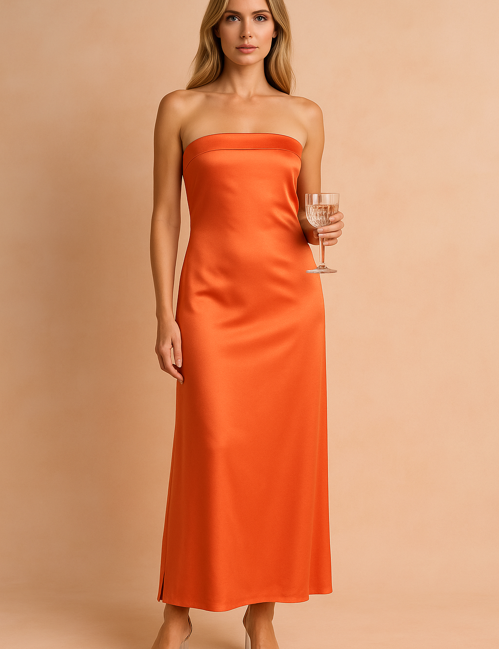 Elegancka sukienka maxi bez ramiączek w kolorze pomarańczowym z satynowym połyskiem, dopasowany krój podkreślający sylwetkę, idealna na wesele, przyjęcie lub wieczorne wyjście.
