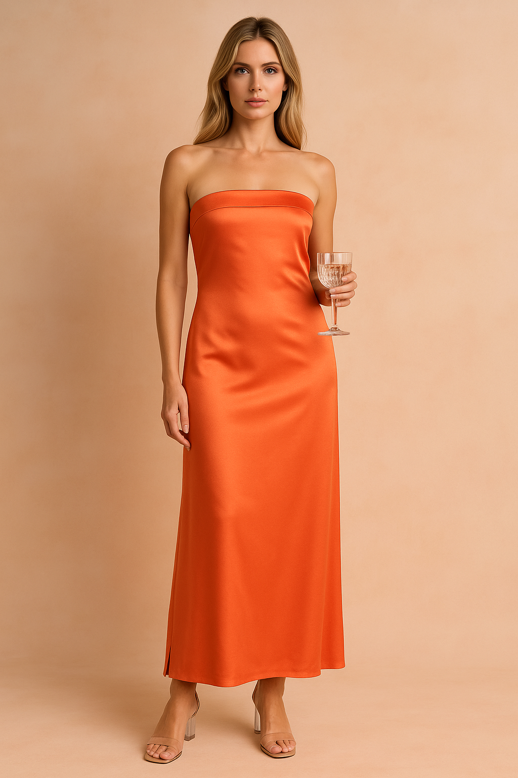 Elegancka sukienka maxi bez ramiączek w kolorze pomarańczowym z satynowym połyskiem, dopasowany krój podkreślający sylwetkę, idealna na wesele, przyjęcie lub wieczorne wyjście.