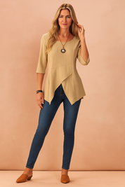 asymmetrical layered tunic top for women, featuring elbow-length sleeves, a scoop neckline, and a flowy high-low hem — perfect for casual wear, office outfits, or elegant layering in all seasons.