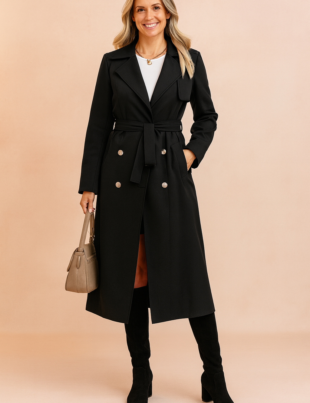 Elegant black double-breasted trench coat with matching belt, silver-tone buttons, and side pockets, styled over a white top and paired with black knee-high boots and a taupe handbag.