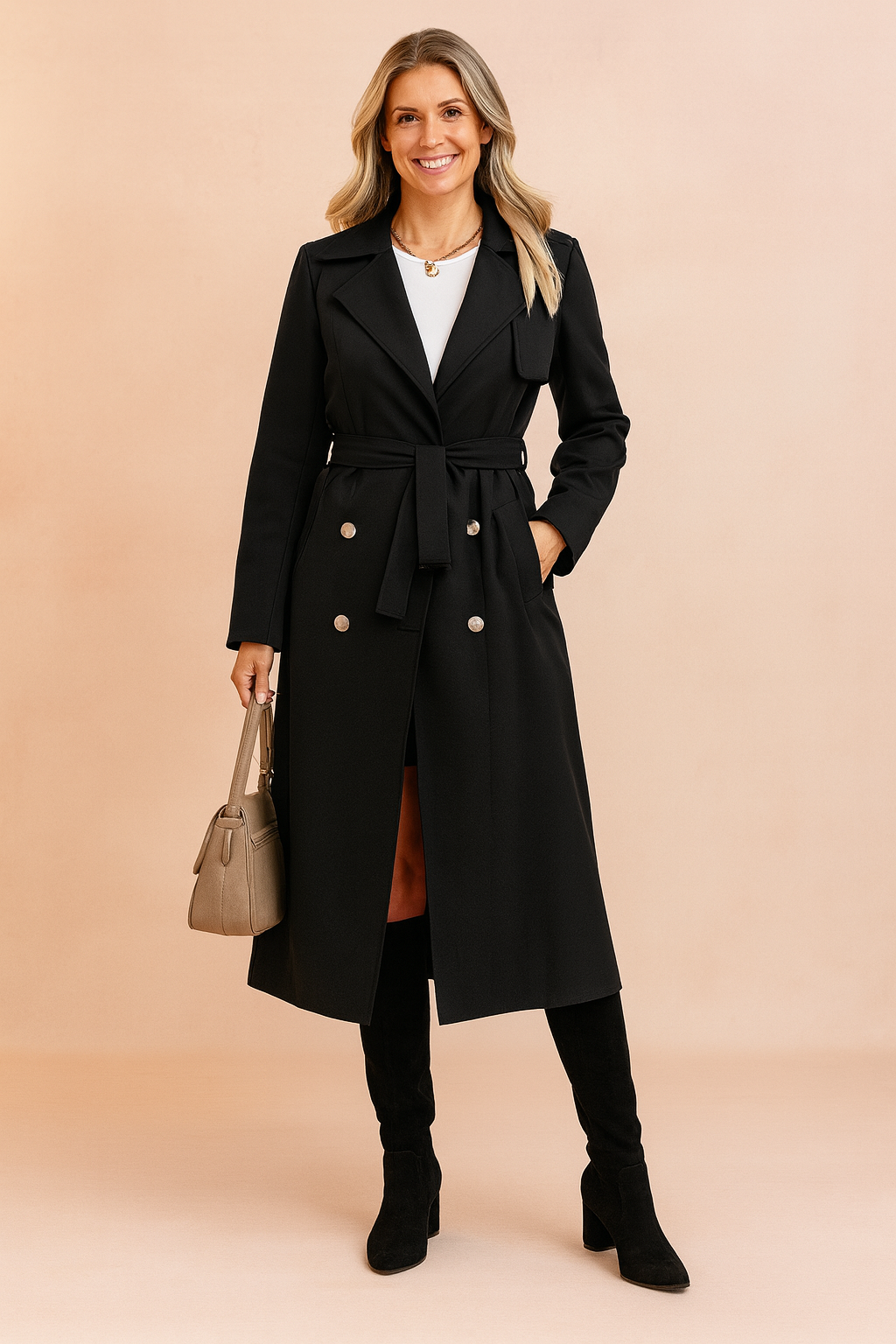 Elegant black double-breasted trench coat with matching belt, silver-tone buttons, and side pockets, styled over a white top and paired with black knee-high boots and a taupe handbag.