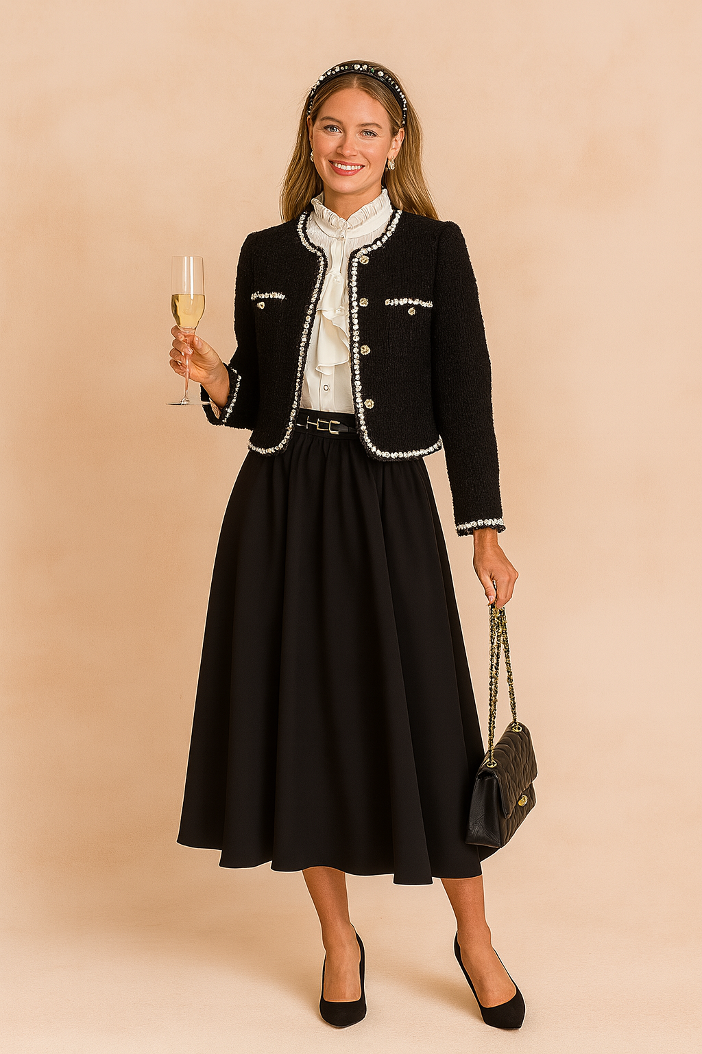 Elegant black tweed jacket with pearl-trimmed edges and gold button accents, styled over a white ruffled blouse and paired with a flowing black midi skirt, slim belt, quilted handbag, and classic black heels.