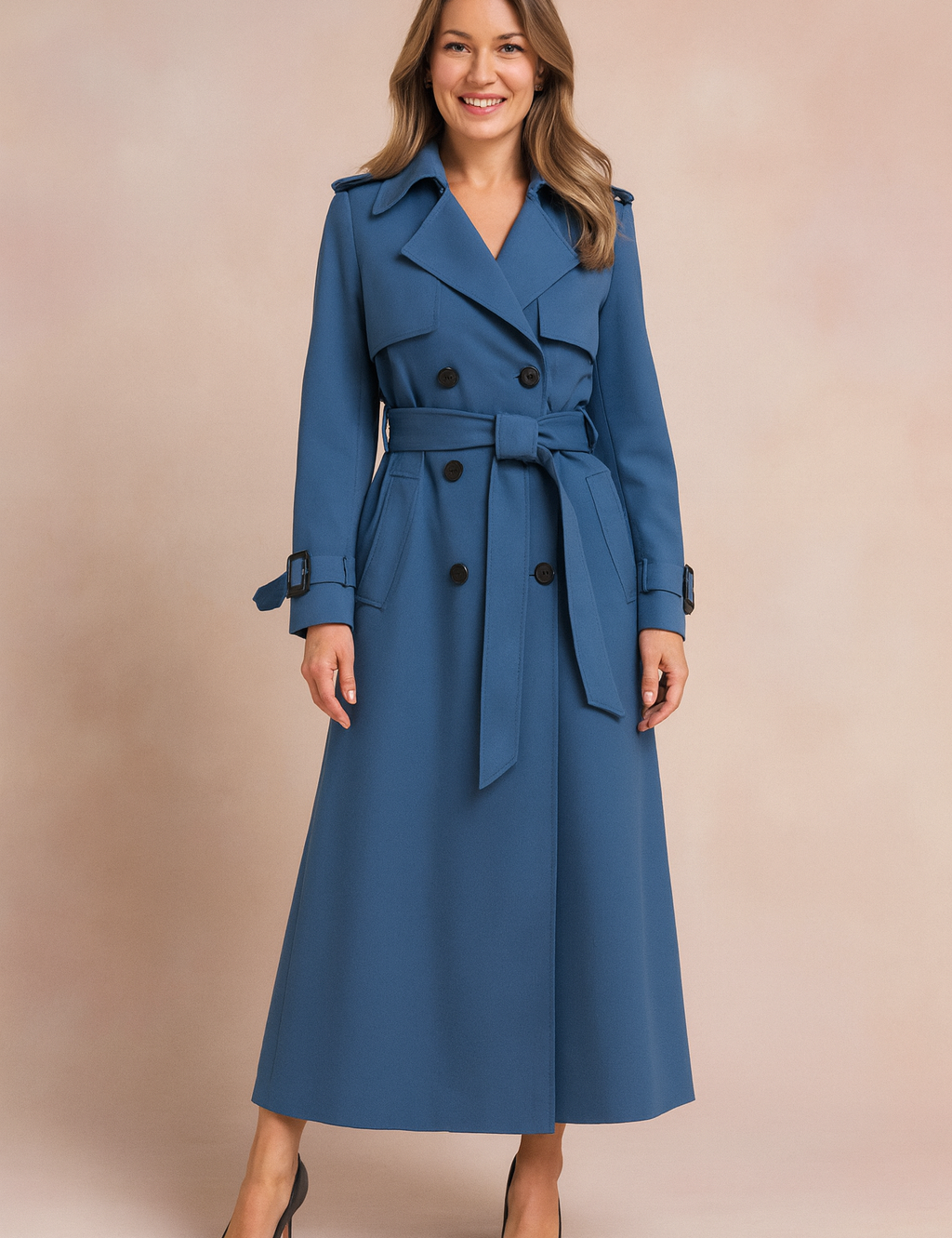 Double-breasted long blue trench coat with wide lapels, waist belt, side pockets, and black button detailing, paired with black pointed-toe high heels.