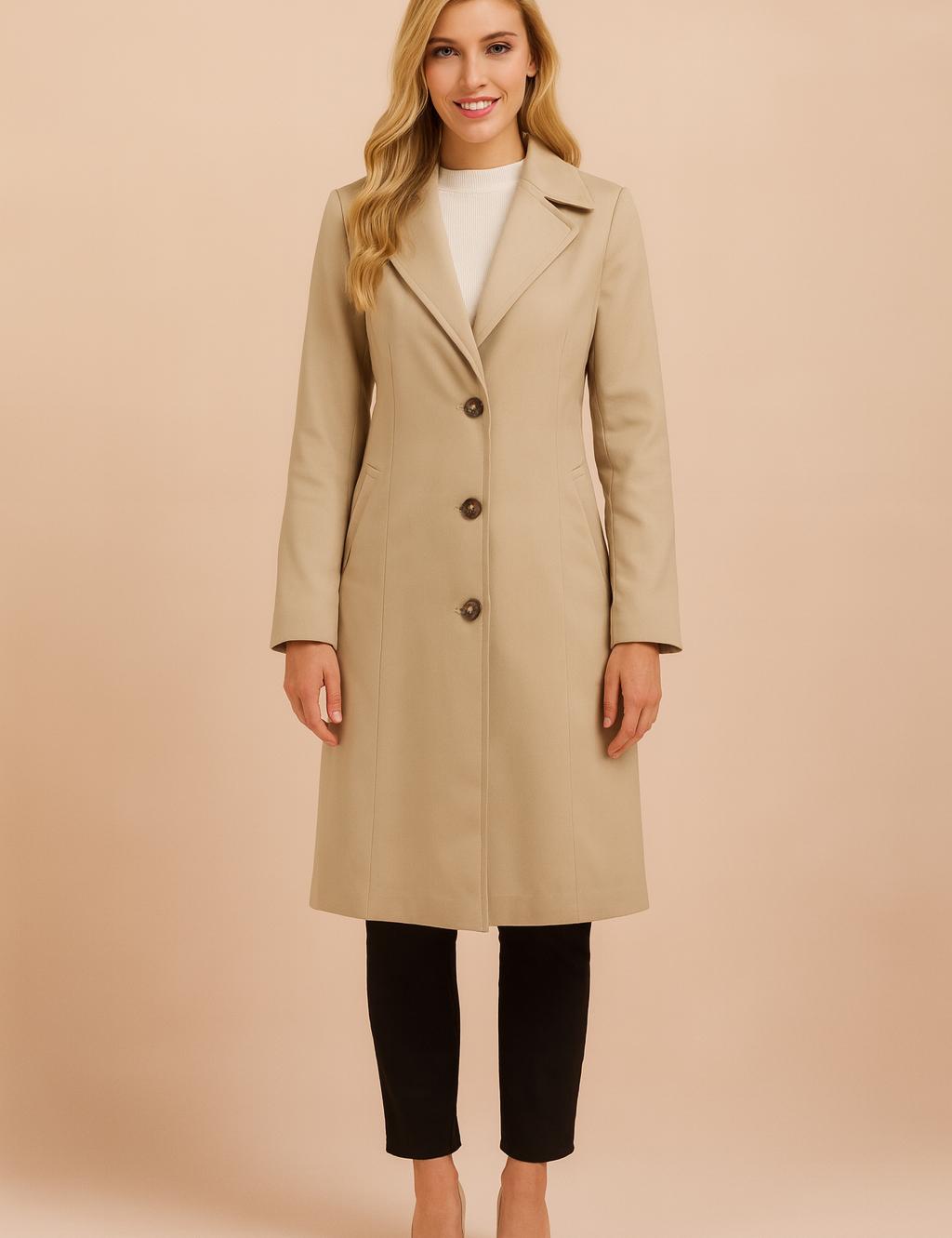 Elegant double-breasted trench coat with tailored fit, structured lapels, and button closure, designed for a chic and timeless outerwear look."
