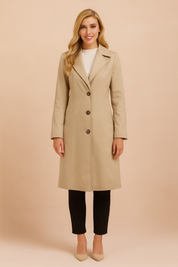 Elegant double-breasted trench coat with tailored fit, structured lapels, and button closure, designed for a chic and timeless outerwear look."