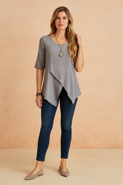 asymmetrical layered tunic top for women, featuring elbow-length sleeves, a scoop neckline, and a flowy high-low hem — perfect for casual wear, office outfits, or elegant layering in all seasons.