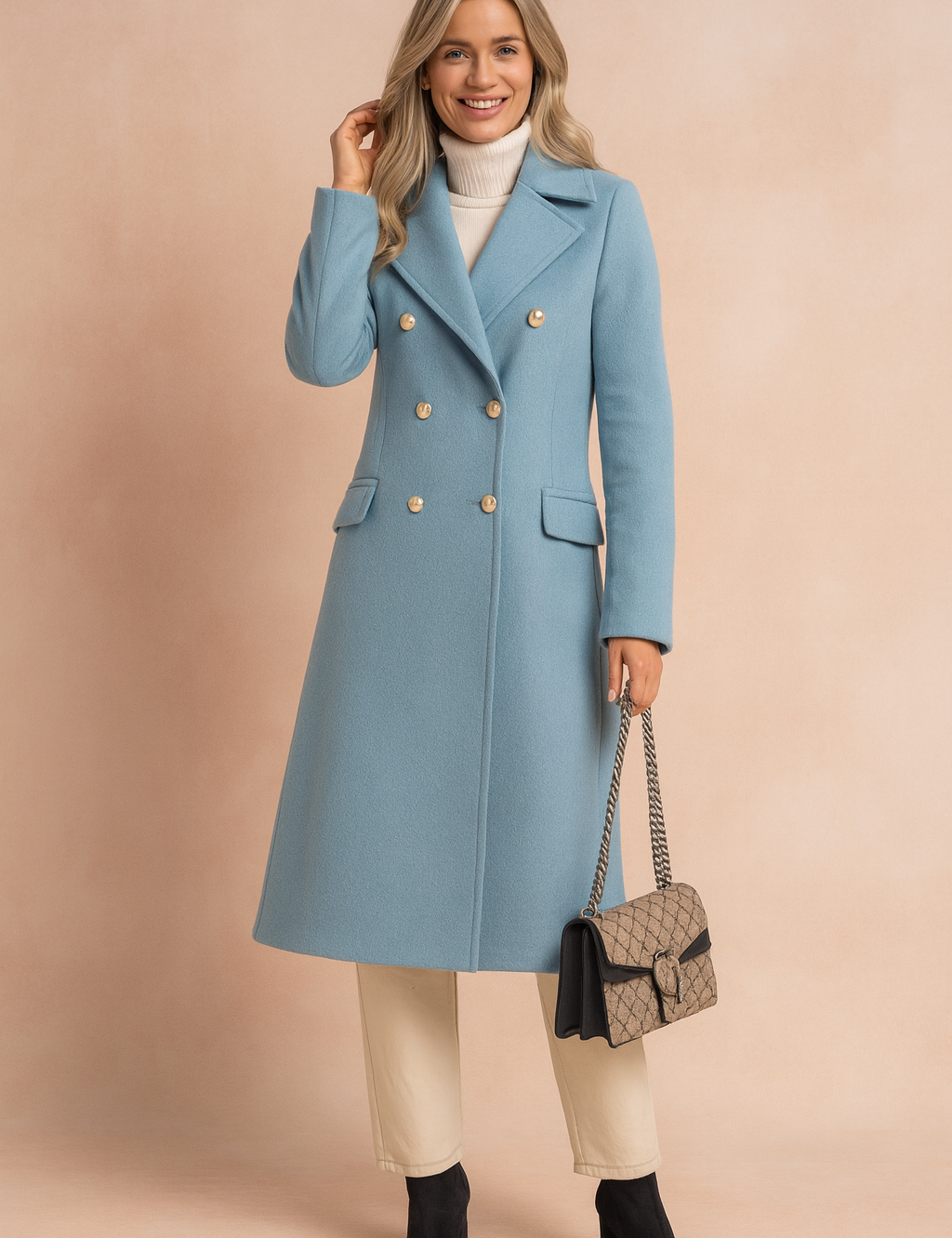  Elegant light blue double-breasted wool coat with gold buttons, notched collar, and flap pockets, paired with a white turtleneck, beige tailored trousers, and black suede ankle boots, accessorized with a patterned chain-strap handbag.