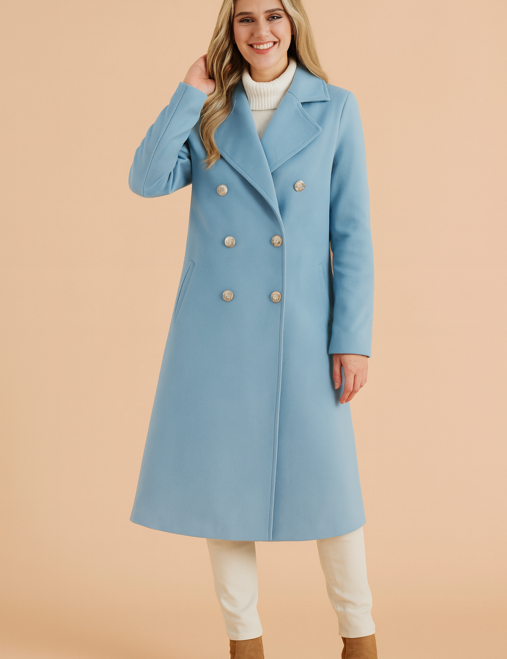 Elegant long light blue double-breasted trench coat with structured lapels, six metallic buttons, and side pockets, designed for chic winter layering