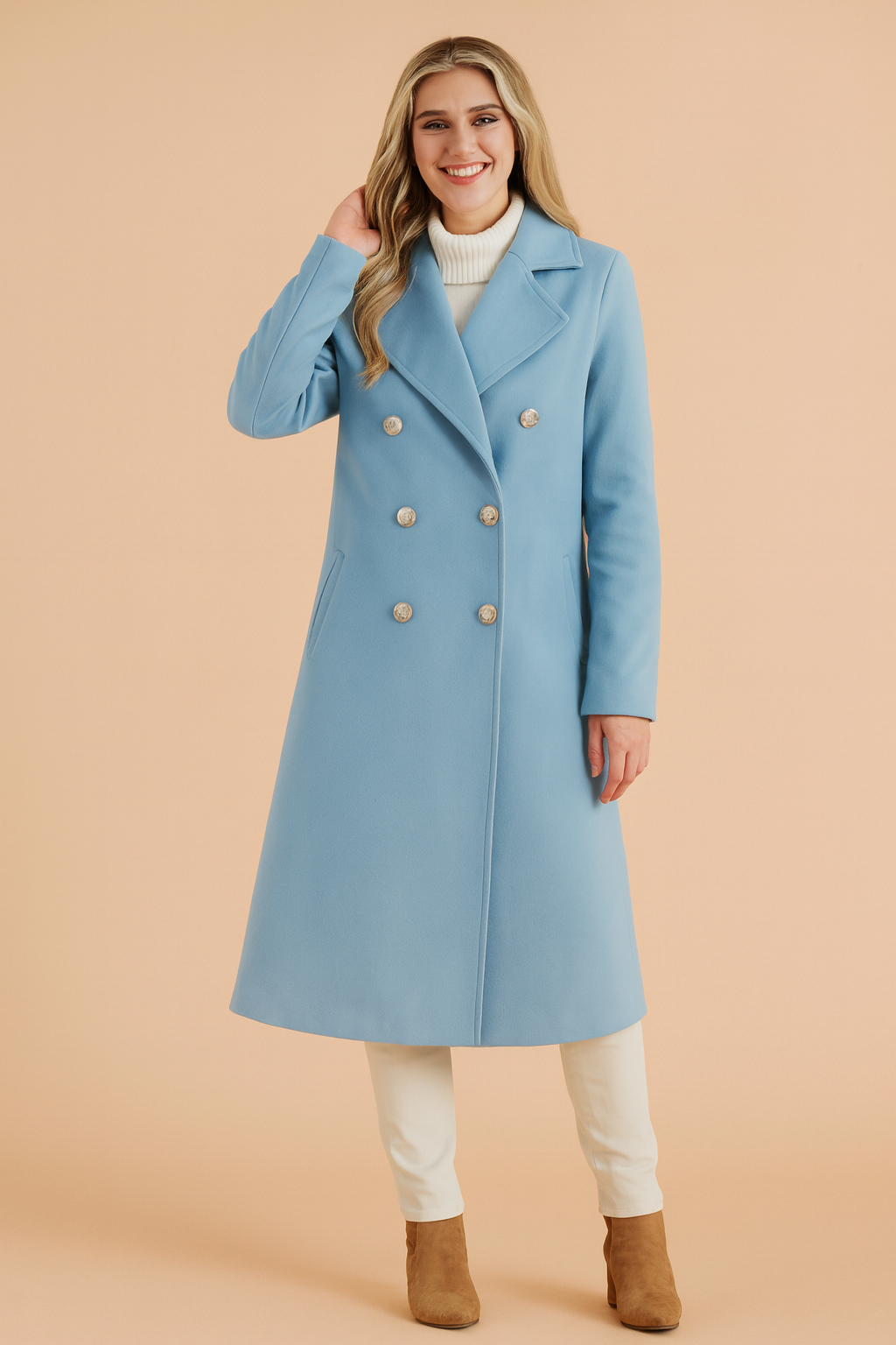 Elegant long light blue double-breasted trench coat with structured lapels, six metallic buttons, and side pockets, designed for chic winter layering