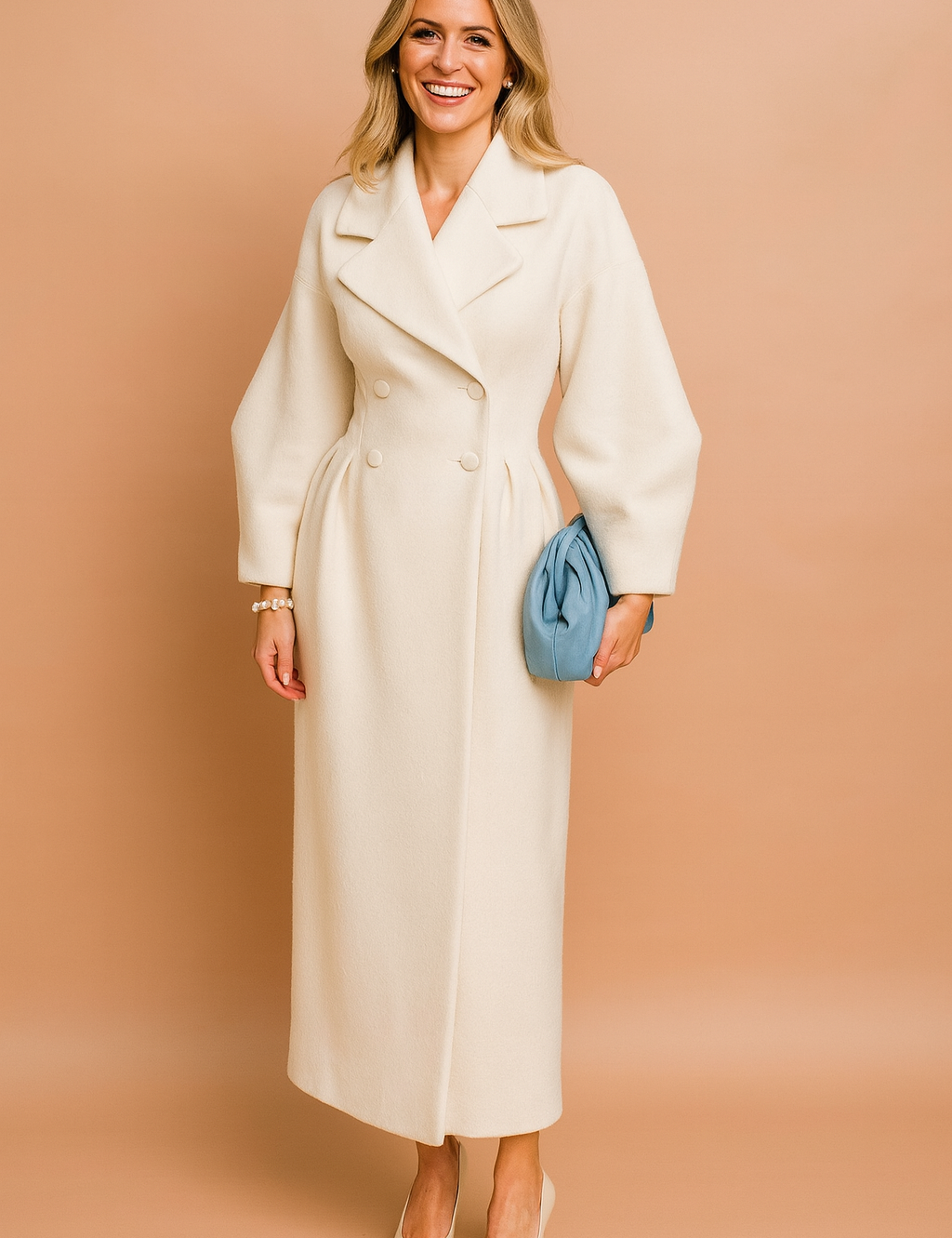 Elegant long off-white double-breasted wool coat with wide lapel collar, structured puff sleeves, and a fitted waistline, paired with a light blue ruched clutch and cream pointed-toe heels.