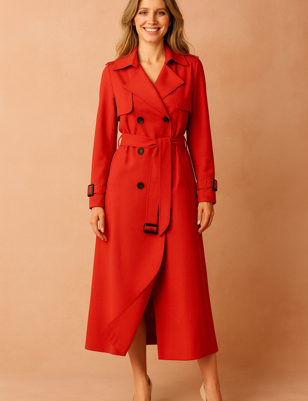  Elegant red double-breasted trench coat with black buttons, matching belt, structured lapels, and adjustable cuff straps, paired with beige pointed-toe heels.