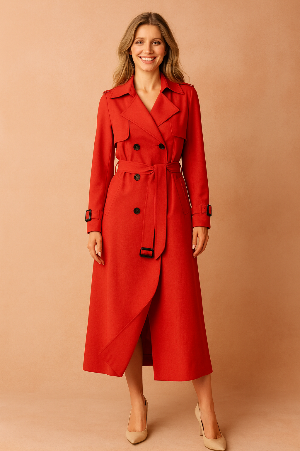  Elegant red double-breasted trench coat with black buttons, matching belt, structured lapels, and adjustable cuff straps, paired with beige pointed-toe heels.