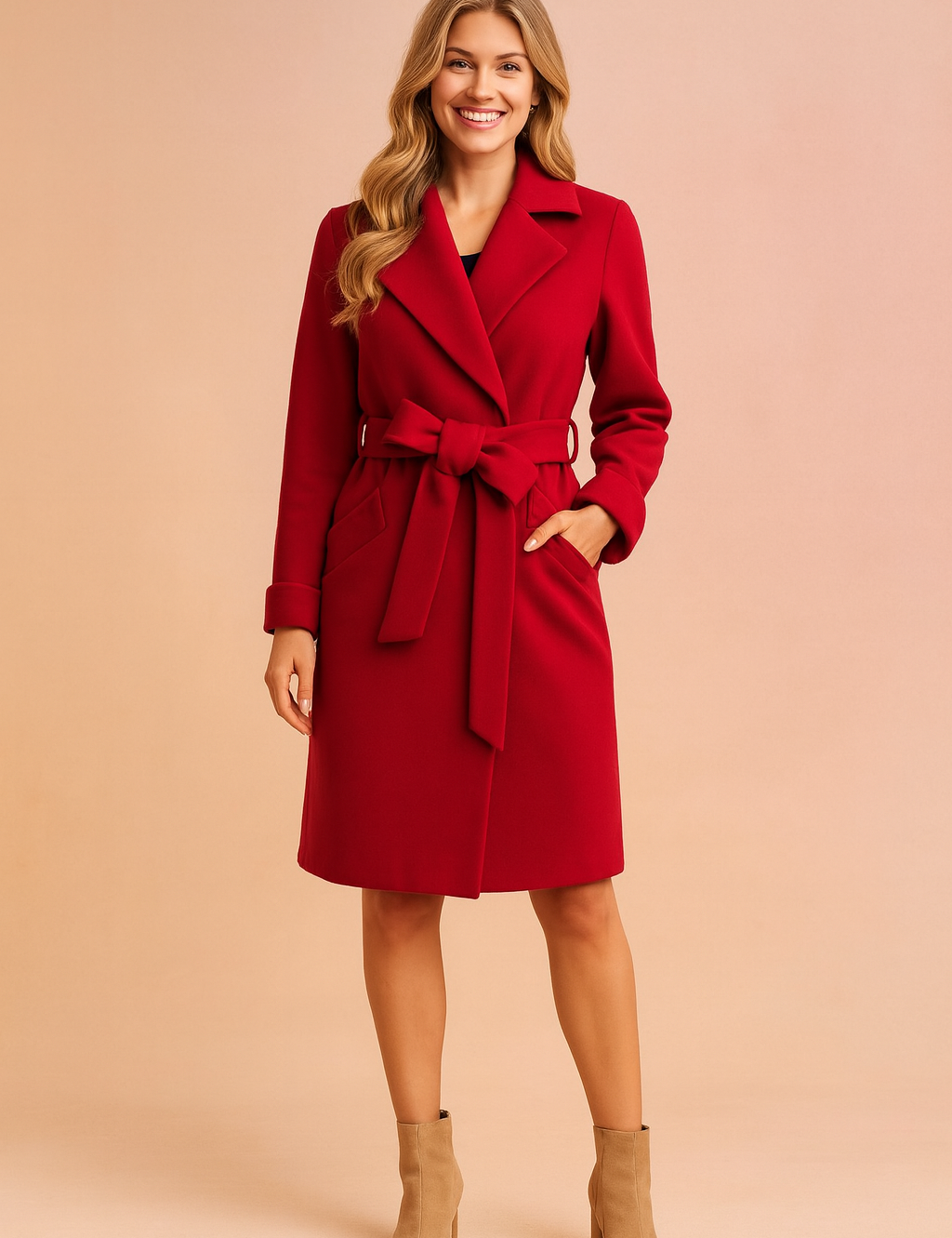 Elegant red trench coat for women with a belted waist tie, long sleeves, and structured lapel collar. Designed with precise stitching and a tailored fit for a refined winter look.