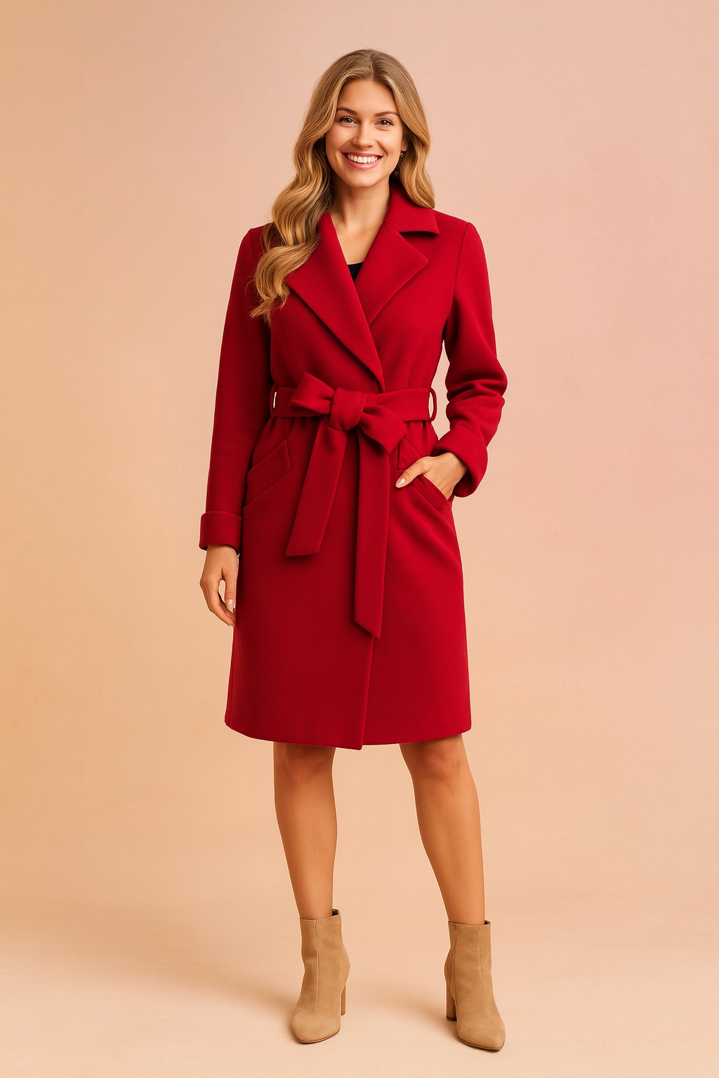 Elegant red trench coat for women with a belted waist tie, long sleeves, and structured lapel collar. Designed with precise stitching and a tailored fit for a refined winter look.