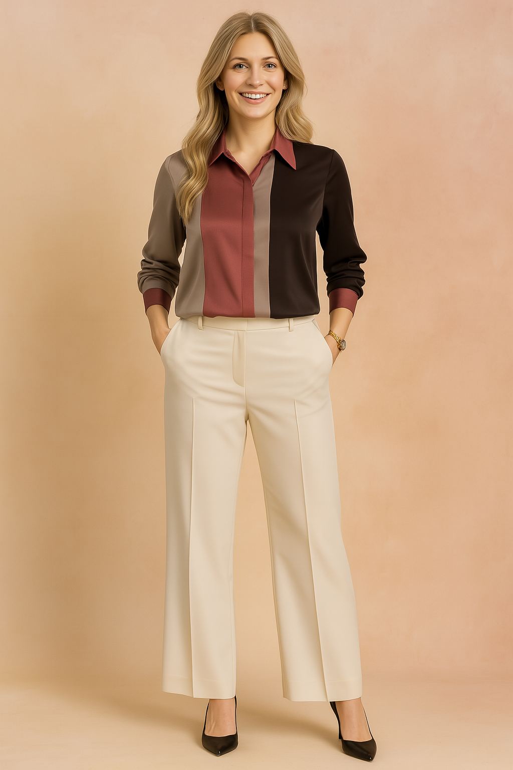 Color-blocked long sleeve blouse with vertical panels in taupe, brick red, and deep brown, paired with high-waisted ivory tailored trousers and black pointed heels.