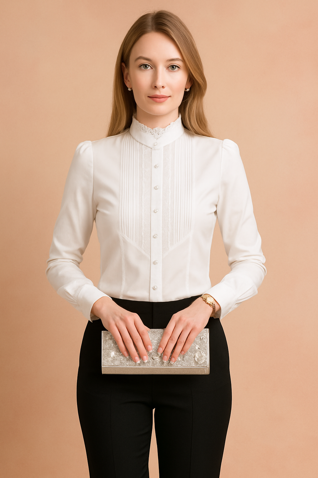 A poised European Polish woman with long ash-blonde hair in a white Victorian-inspired blouse with lace details and black trousers