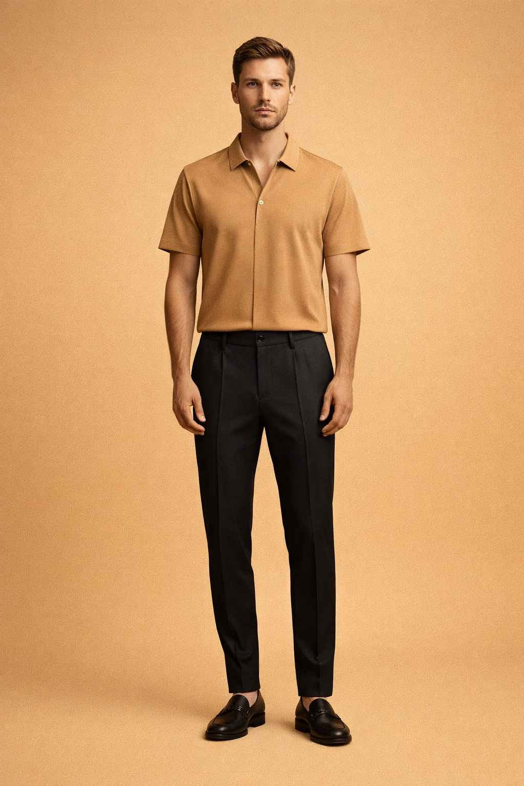 Minimalist two-piece menswear outfit featuring a solid caramel short-sleeve tailored shirt with clean seams and smooth fabric drape, paired with slim dark tailored trousers and sleek leather shoes, presenting a refined modern European look with precise cuts and timeless proportions