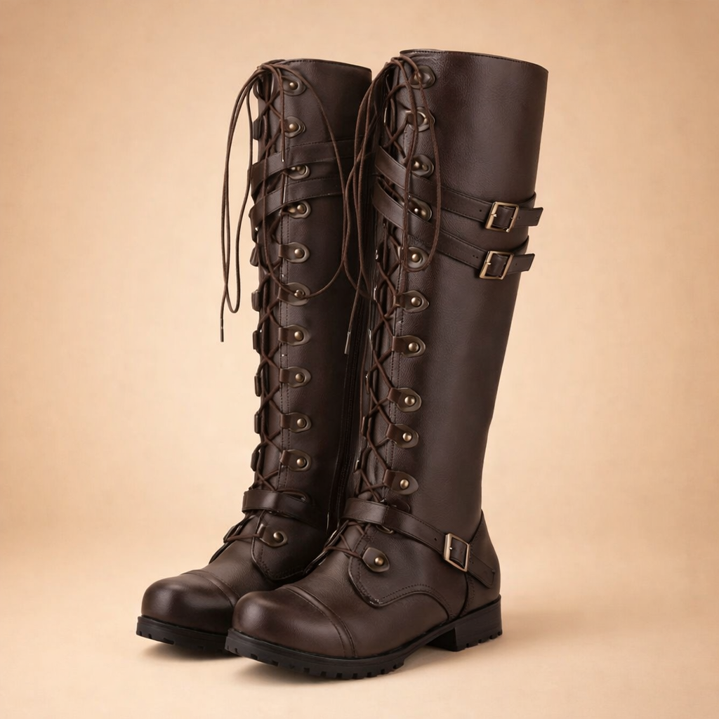 european-model-wearing-knee-high-lace-up-buckle-boots-front-angled-pose.png
