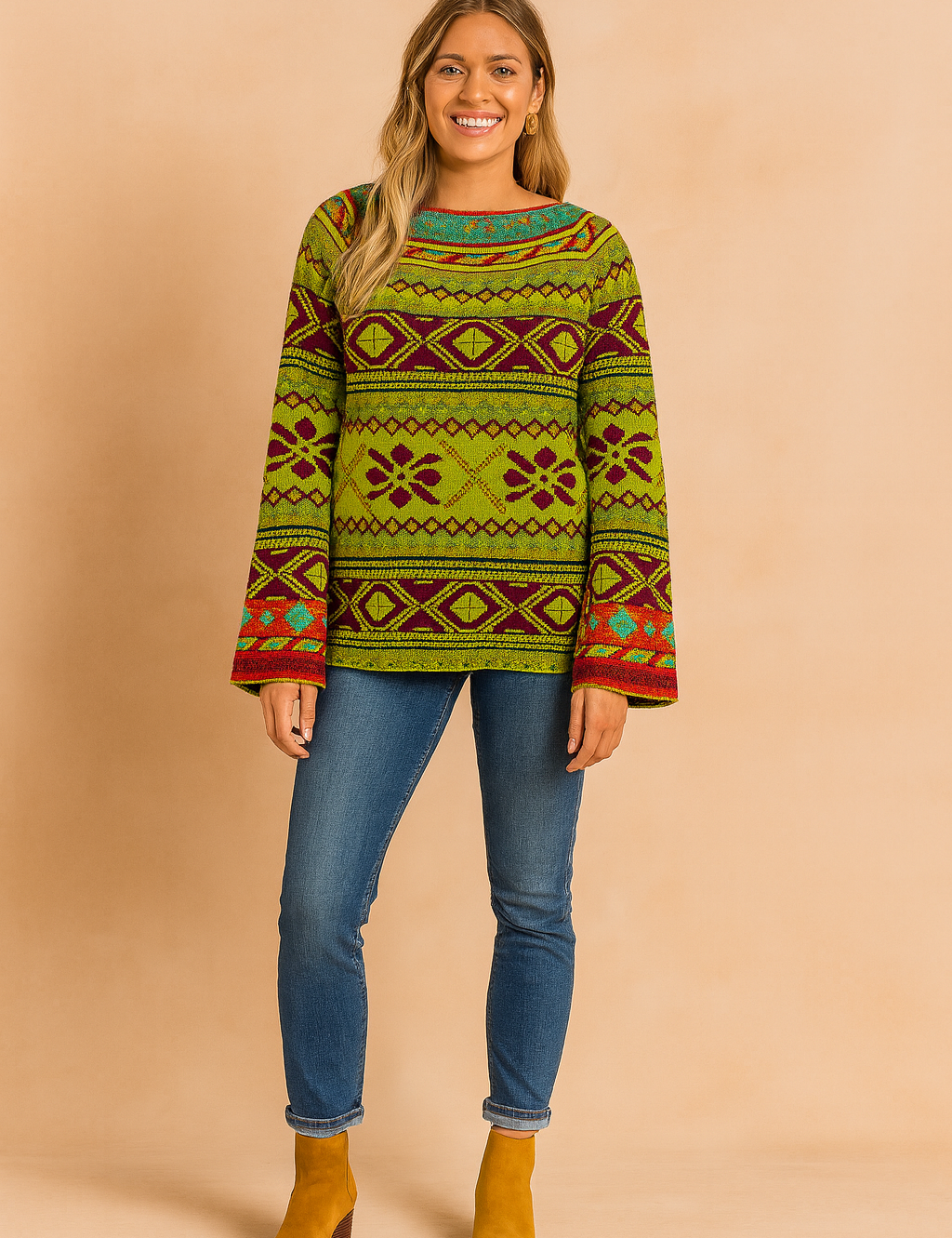 Colorful Fair Isle knit sweater for women with long sleeves, featuring geometric diamond and floral motifs in green, burgundy, red, and turquoise, designed in a relaxed fit.