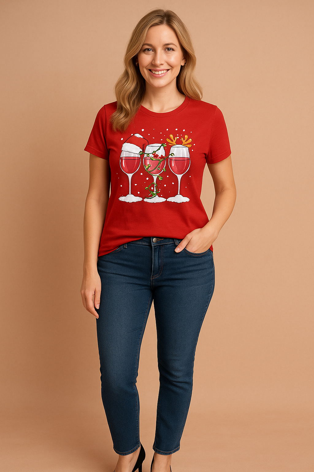 Red short-sleeve crew neck T-shirt featuring a festive Christmas-themed print of three wine glasses filled with red wine, decorated with Santa hat, holiday lights, and reindeer antlers, surrounded by snow and white