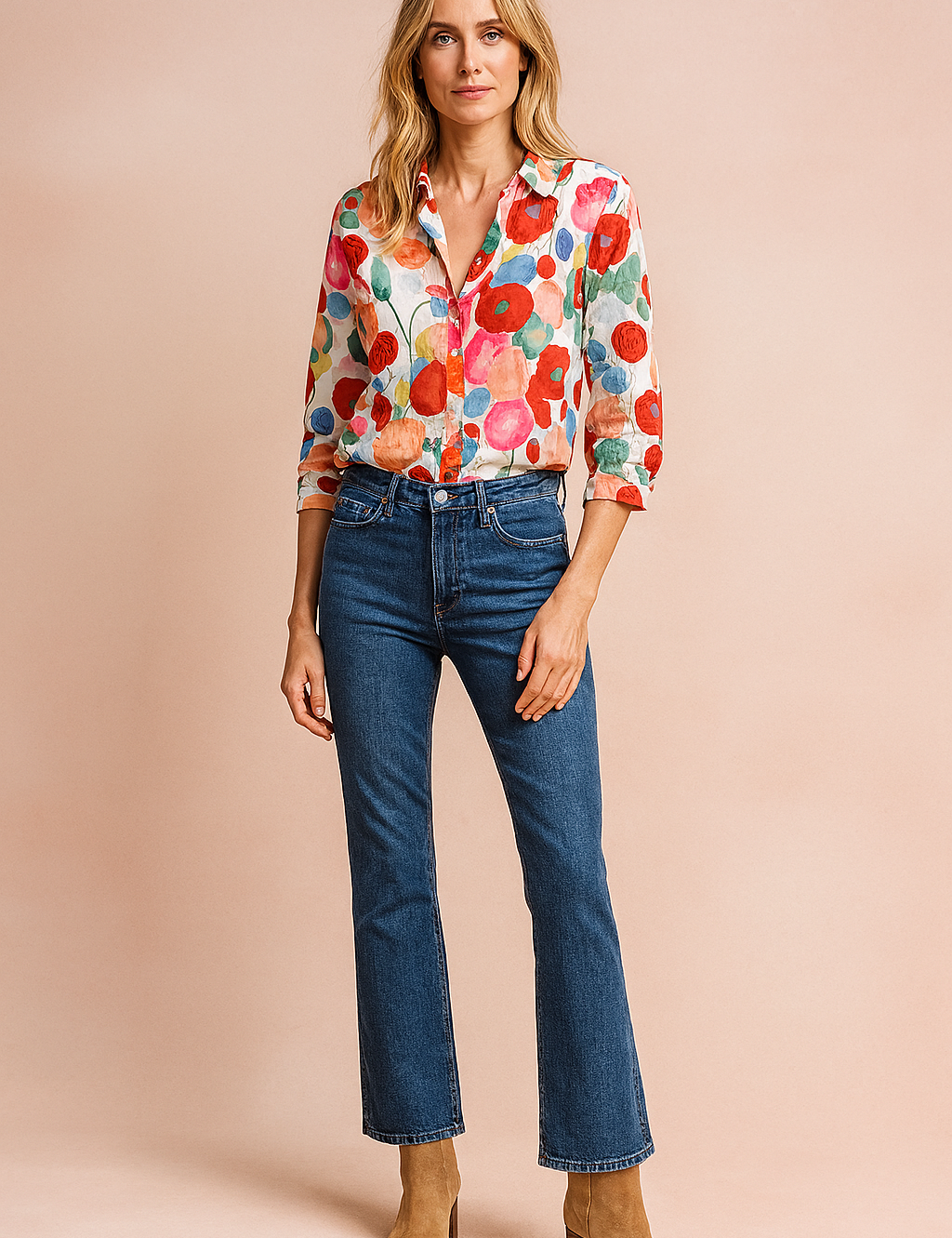 Colorful floral-print button-down blouse paired with high-rise straight-leg blue jeans and tan suede ankle boots, styled for a casual yet polished fashion-forward look.