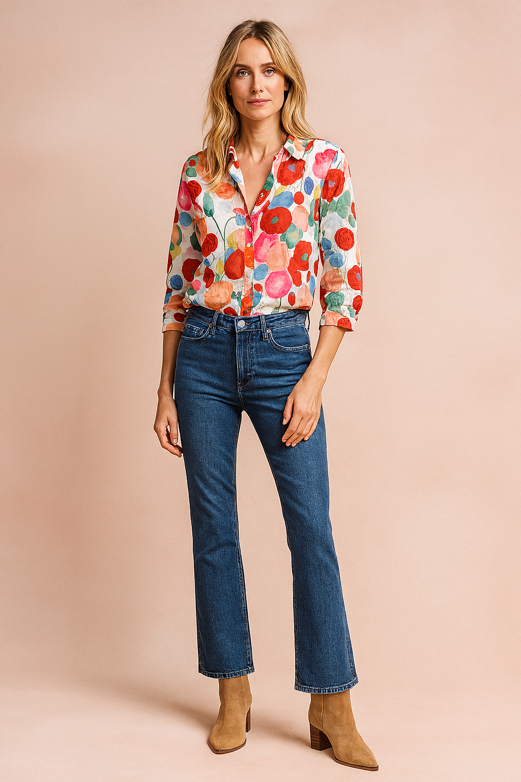 Colorful floral-print button-down blouse paired with high-rise straight-leg blue jeans and tan suede ankle boots, styled for a casual yet polished fashion-forward look.