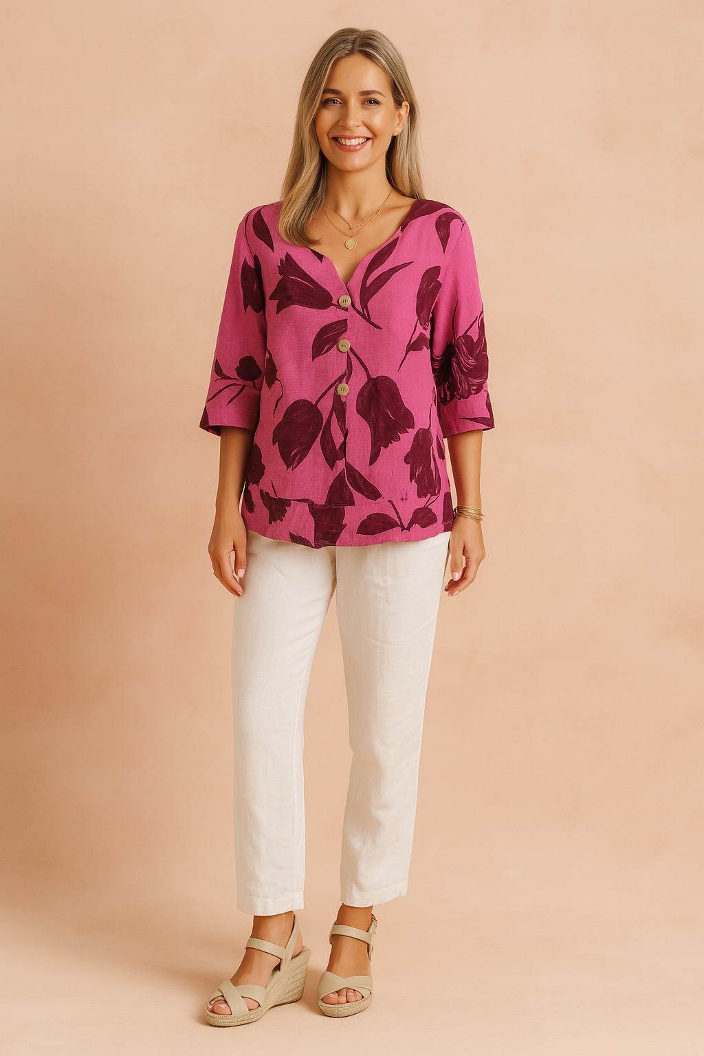 Women's fuchsia blouse with dark burgundy tulip floral print, V-neckline, three wooden buttons, 3/4 sleeves, and a relaxed fit.