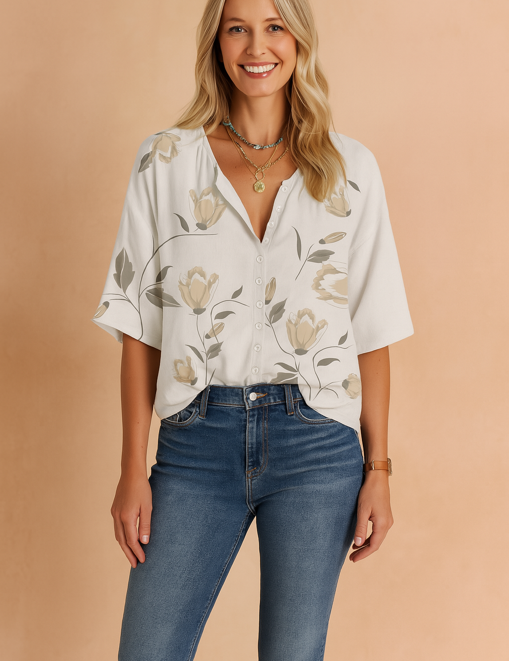 White short-sleeve button-up blouse with a beige and gray floral print, styled with a half-tuck into mid-rise blue denim jeans.