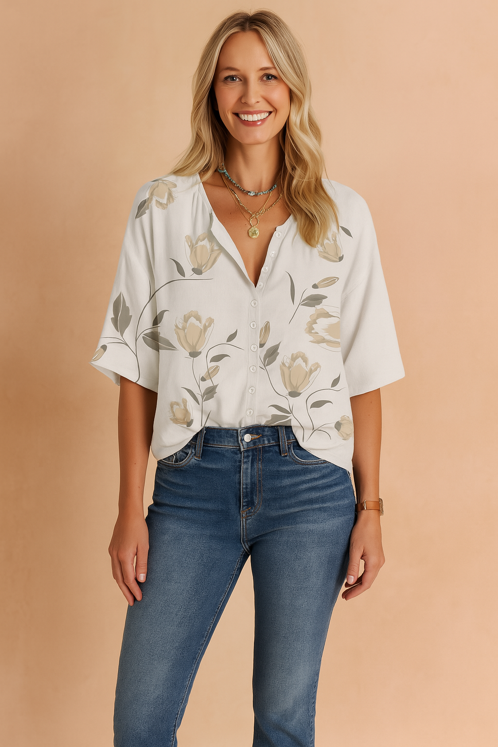 White short-sleeve button-up blouse with a beige and gray floral print, styled with a half-tuck into mid-rise blue denim jeans.