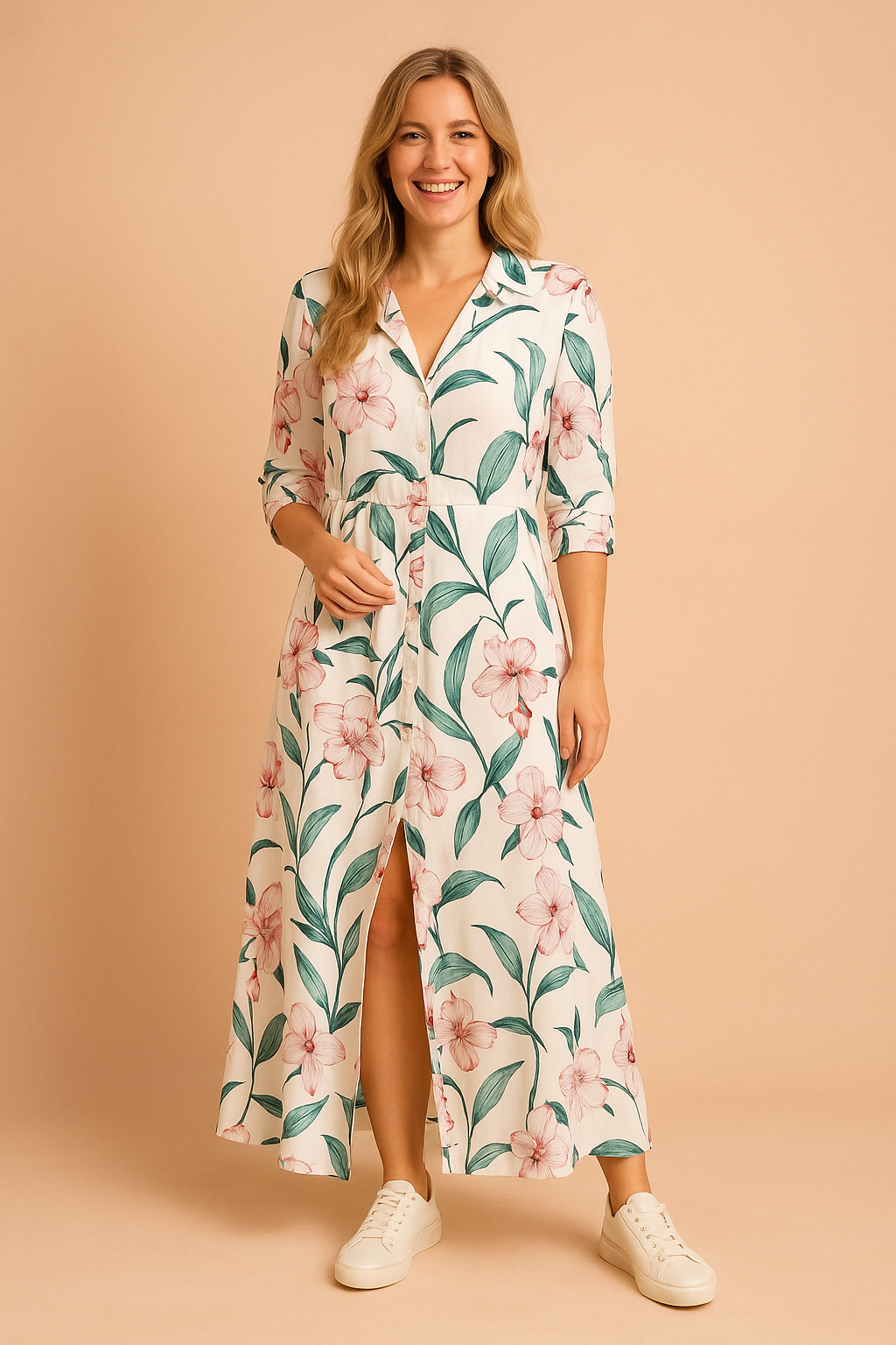 Long button-down floral maxi dress with green leaf and pink orchid print, front slit, collared neckline, and 3/4 sleeves, styled with white sneakers.