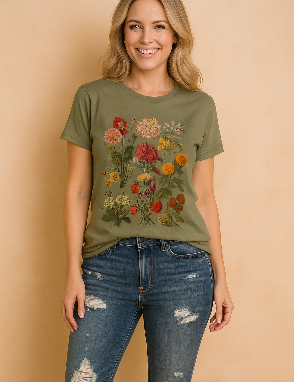 Olive green T-shirt featuring a detailed and colorful botanical print of assorted vintage-style flowers in red, orange, pink, yellow, and cream tones, paired with distressed mid-wash denim jeans.