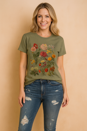 Olive green T-shirt featuring a detailed and colorful botanical print of assorted vintage-style flowers in red, orange, pink, yellow, and cream tones, paired with distressed mid-wash denim jeans.