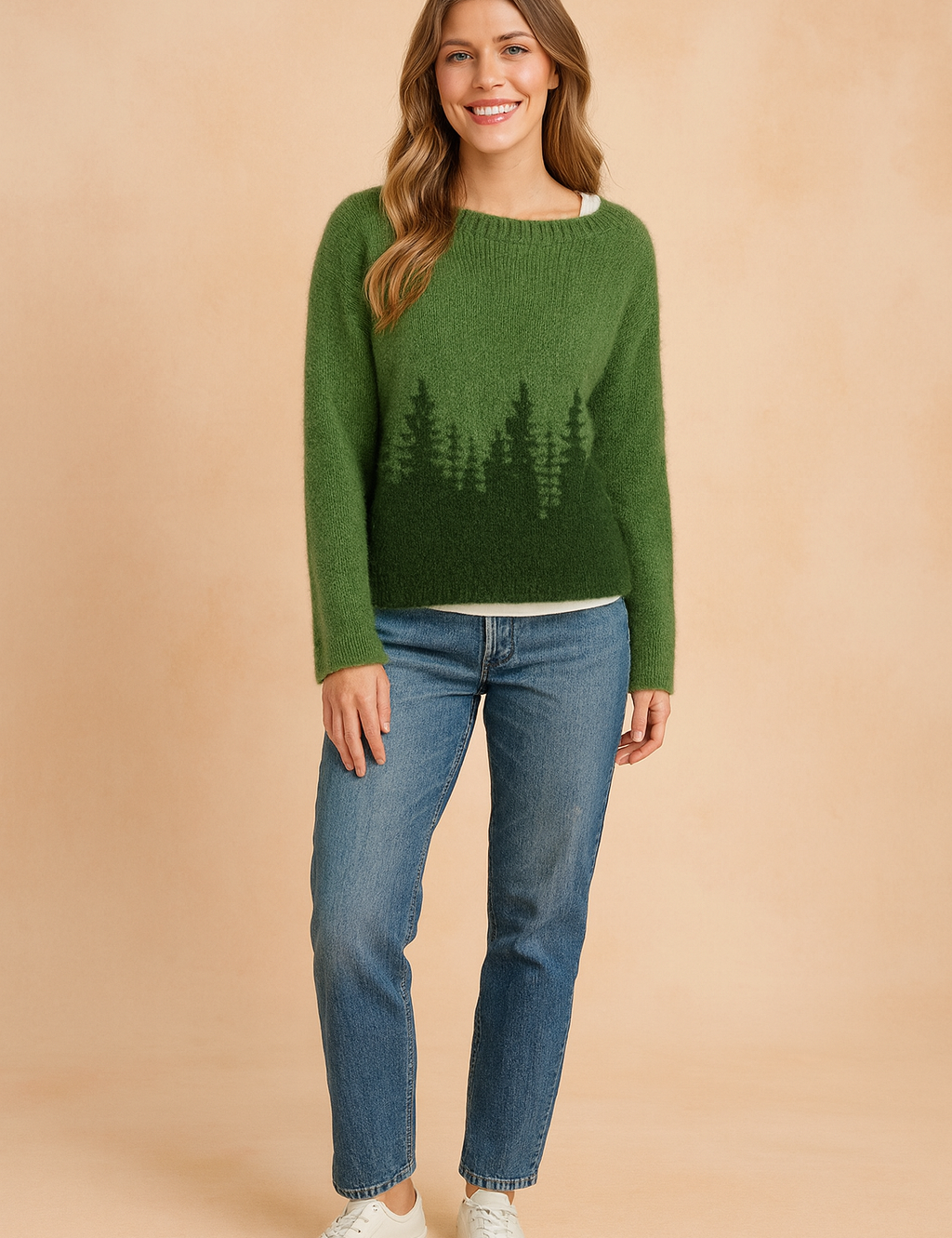Forest green fuzzy knit sweater with dark green evergreen tree silhouette design, paired with mid-rise straight-leg blue jeans and white low-top sneakers.