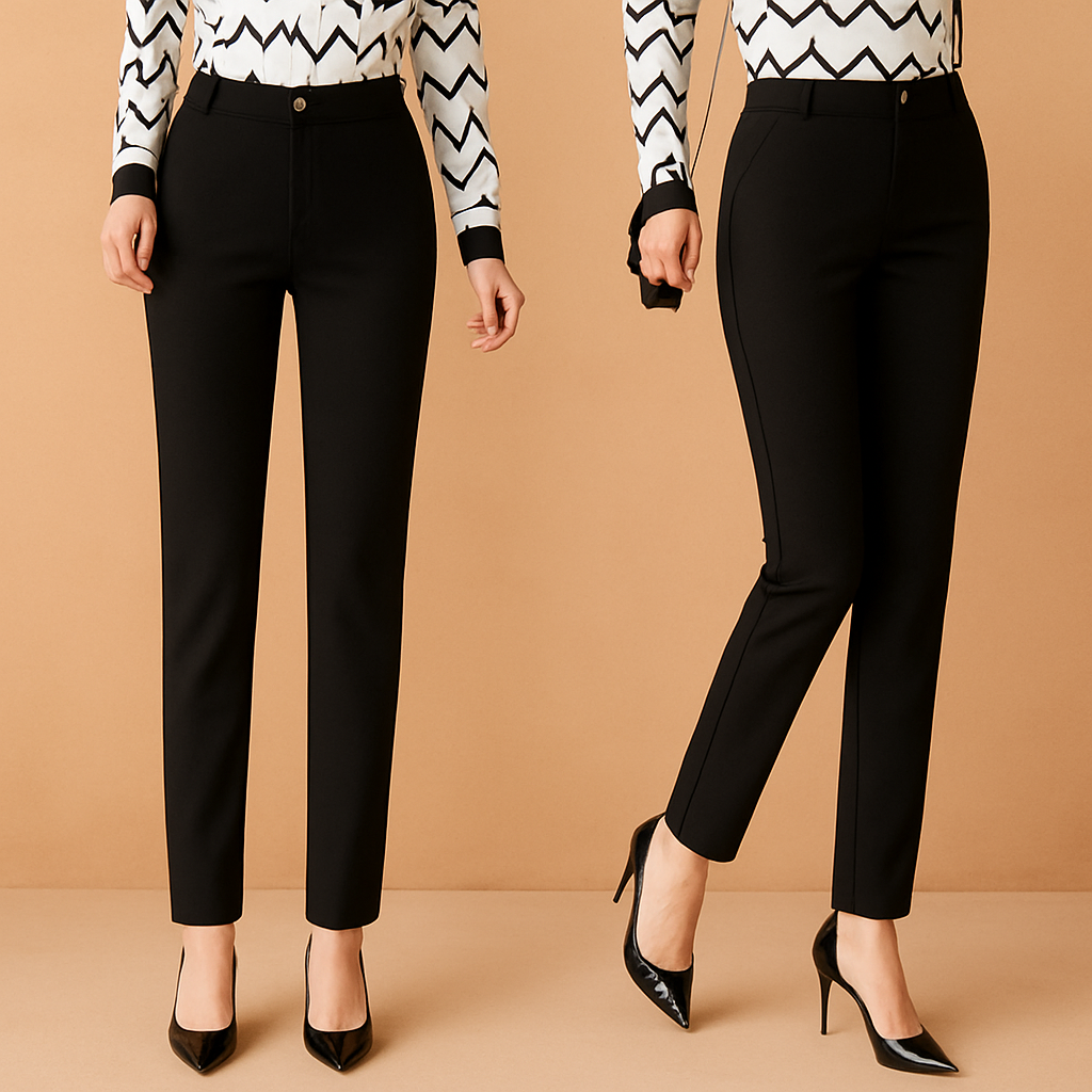 Slim-fit black dress pants with a single-button waistband, sleek side seams, and subtle front darts, paired with black pointed heels and a monochrome chevron blouse.