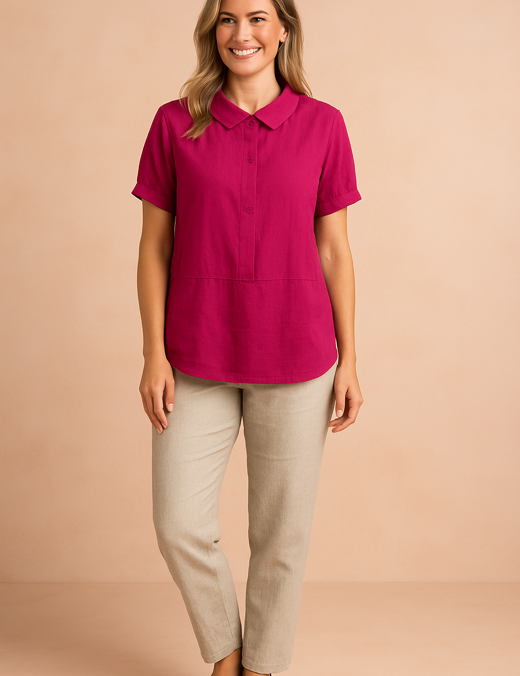 Fuchsia short-sleeve blouse with a Peter Pan collar, front button detail, and relaxed fit, paired with beige straight-leg trousers and tan closed-toe flats.