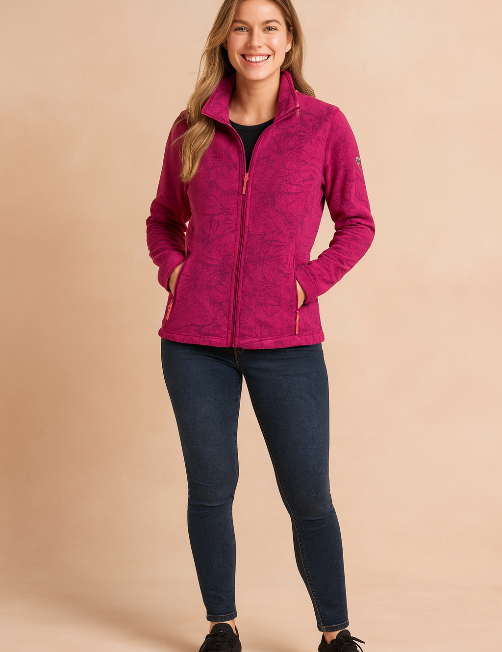 Fuchsia fleece jacket with subtle leaf patterns, full zip front, high collar, and zippered side pockets, styled for casual wear.
