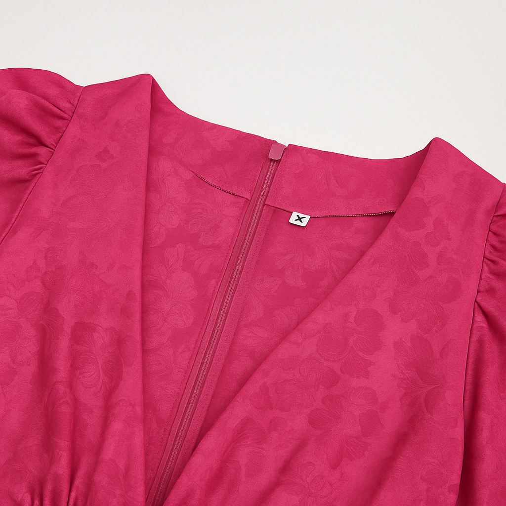 Close-up of a fuchsia jacquard mini dress with floral texture and back zipper detail.
