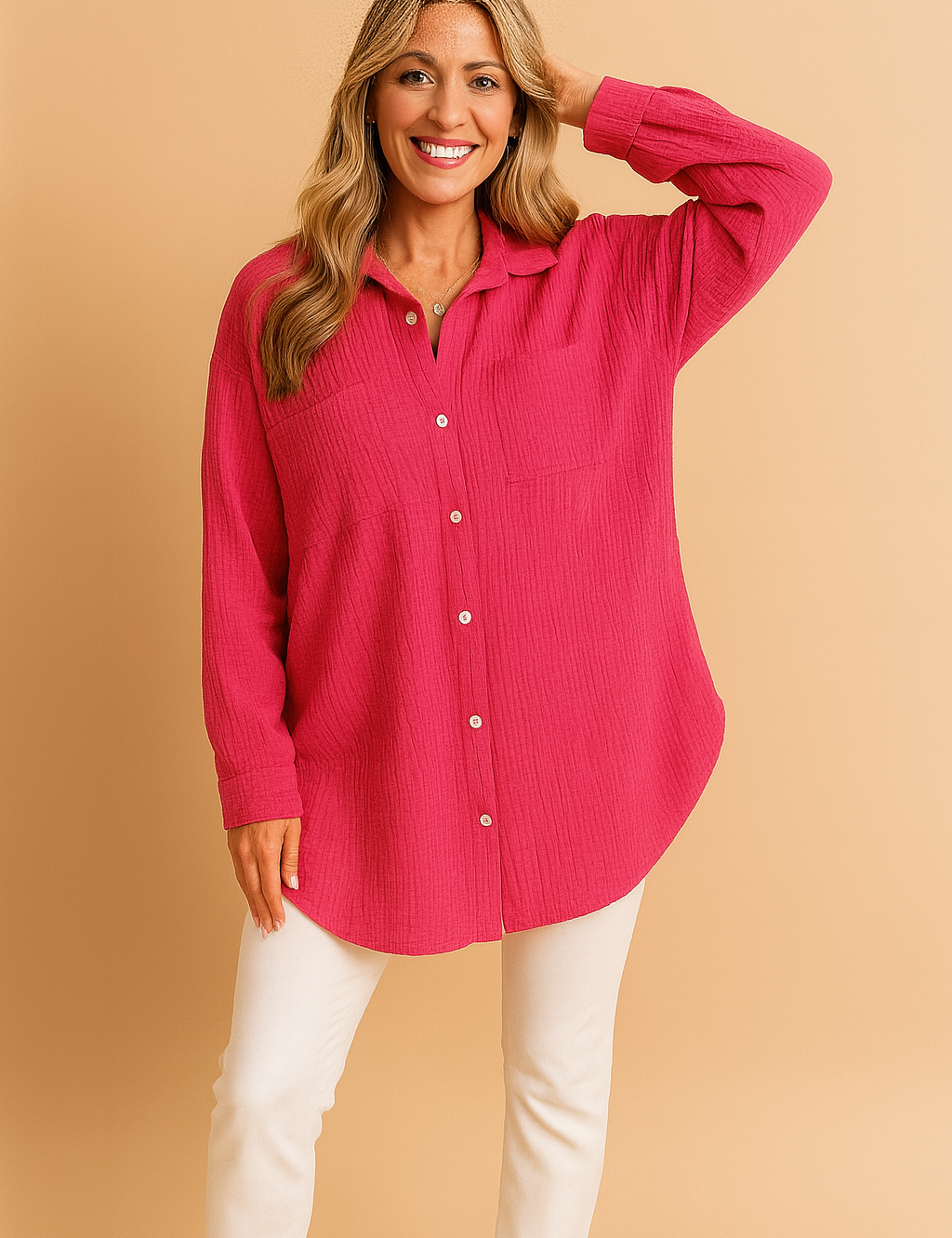 Fuchsia tunic-style dress with gathered waist, elbow-length sleeves, and a relaxed fit, featuring a smooth matte texture and soft drape perfect for casual or resort wear.