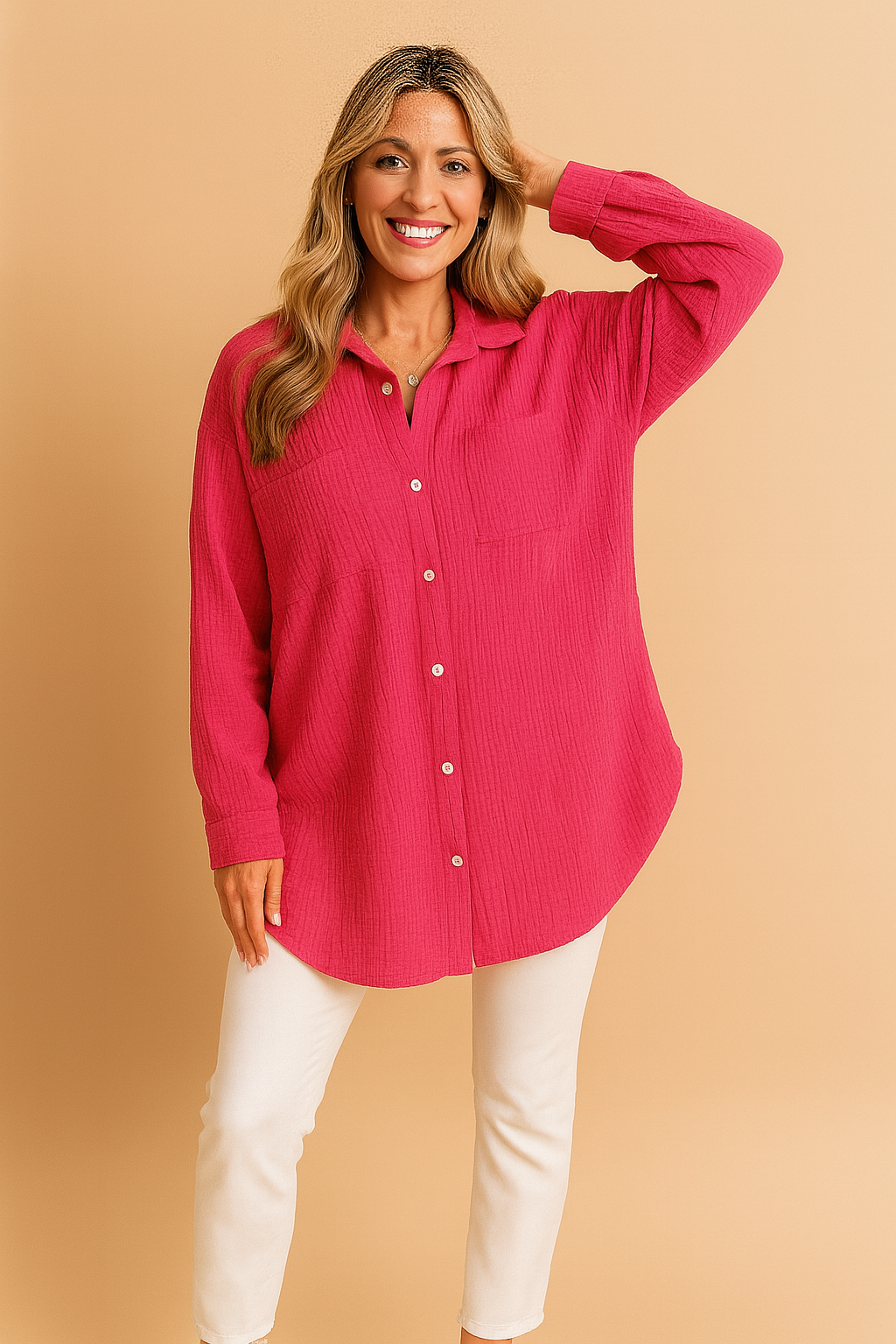 Fuchsia tunic-style dress with gathered waist, elbow-length sleeves, and a relaxed fit, featuring a smooth matte texture and soft drape perfect for casual or resort wear.